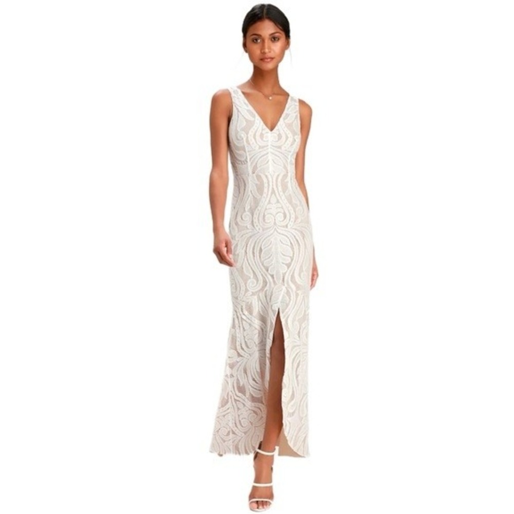 RYSE The Label Womens Paisley Lace V-Neck Mermaid Maxi Dress White Nude XS